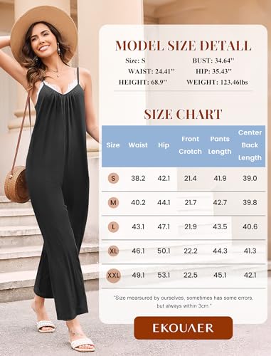 Ekouaer Jumpsuits for Women Loose Sleeveless Adjustable Spaghetti Strap Romper Stretchy Wide Leg Pants Outfits with Pockets