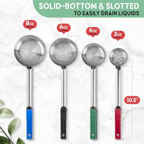 Portion Control Serving Spoons - Bariatric Must Haves - Ideal for Weight Watchers & Gastric Bypass - Set of 8 Ladles, 4 Sizes - Solid Bottom & Perforated/Slotted for Draining