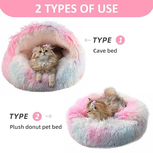 Something Different Cat Bed Round Plush Fluffy Hooded Calming Cat Bed Cave for Dogs&Cats,Self Warming pet Bed with Non-collapsed Cover for Indoor Cats or Small Dogs,Machine Washable,20in,Rainbow