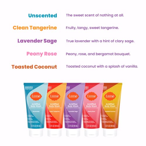 Lume Acidified Body Wash 5 Pack Minis - 24 Hour Odor Control - Moisturizing - Formulated Without SLS & Parabens - 2 ounce Tubes (Clean Tangerine, Lavender Sage, Peony Rose, Toasted Coconut, Unscented)