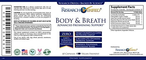 Research Verified Body & Breath Natural Deodorant & Freshener - Bad Breath & Body Odor Supplement - 60 Capsules (1 Month Supply)