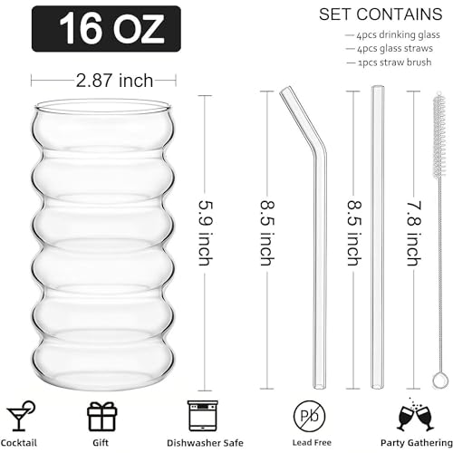 ALINK Ribbed Drinking Glass Cups with Straws Set of 4, 16 oz Aesthetic Iced Coffee Glasses, Wave Bubble Glasses Tumbler, Ripple Glassware, Beer Glasses for Coctail, Milk, Soda, Gift with Brush