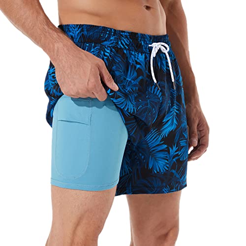 BRISIRA Mens Swim Trunks 5 Inch Bathing Suit Compression Liner Beach Swim Shorts Swimwear Stretch Quick Dry Zipper Pocket