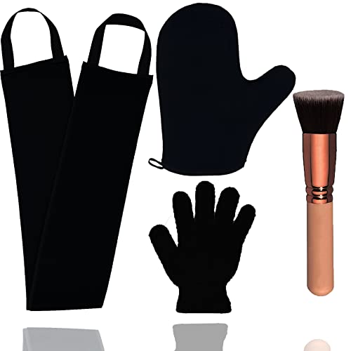 4 Pack Self Tanning Mitt Applicator Kit, with Self Tanner Mitt, Self Tan Back Applicator, Exfoliating Glove, Flat Top Face Tanner Brush, Tan mit for Self Sunless Tanner (black)