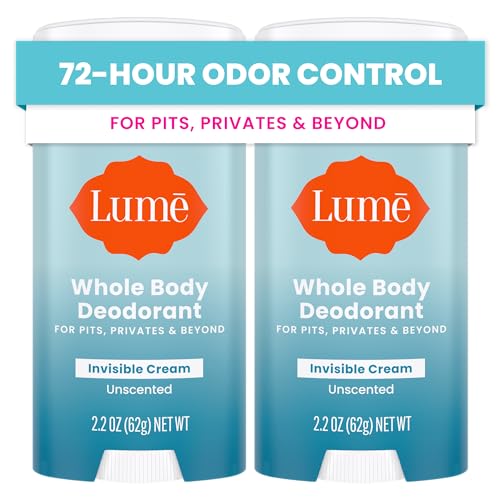 Lume Whole Body Deodorant - Invisible Cream Stick - 72 Hour Odor Control - Aluminum Free, Baking Soda Free, Skin Safe - 2.2 Ounce (Pack of 2) (Unscented)