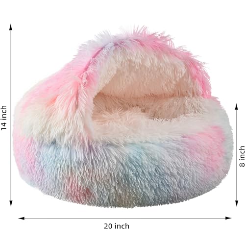 Something Different Cat Bed Round Plush Fluffy Hooded Calming Cat Bed Cave for Dogs&Cats,Self Warming pet Bed with Non-collapsed Cover for Indoor Cats or Small Dogs,Machine Washable,20in,Rainbow