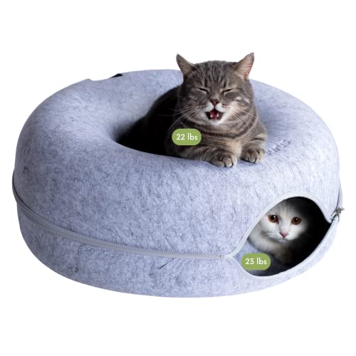 Peekaboo Cat Cave for Multiple & Large Cats Up to 30 Lbs, Scratch Detachable & Washable Tunnel Bed (Light Gray, Large)