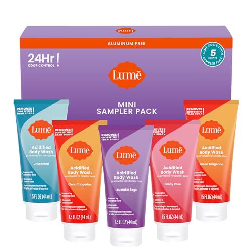 Lume Acidified Body Wash 5 Pack Minis - 24 Hour Odor Control - Moisturizing - Formulated Without SLS & Parabens - 2 ounce Tubes (Clean Tangerine, Lavender Sage, Peony Rose, Toasted Coconut, Unscented)