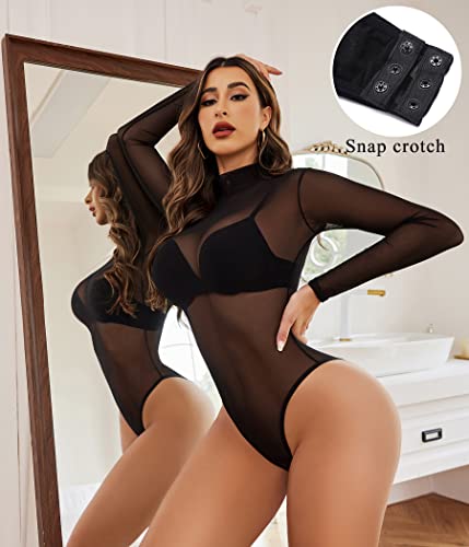 Avidlove Long Sleeve Bodysuit for Women Turtleneck Sheer Mesh Bodysuit Geo Print Leotards