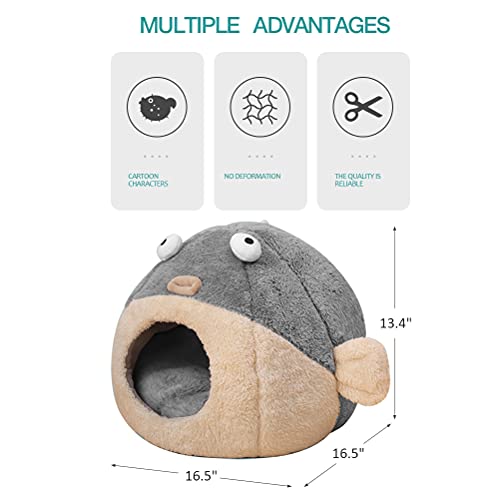 Cat Beds for Indoor Cats - Cat Bed Cave with Removable Washable Cushioned Pillow, Soft Plush Premium Cotton No Deformation Pet Bed, Lively Pufferfish Cat House Design, Grey, Multiple Sizes(L)