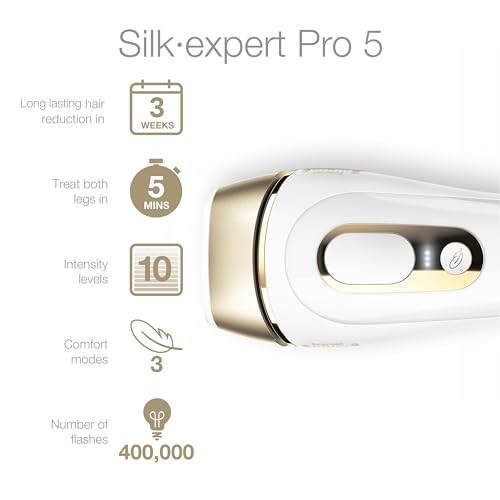 Braun Silk Expert Pro5 IPL Hair Removal Device for Women & Men - Lasting Hair Regrowth Reduction, Virtually Painless Alternative to Salon Laser Removal