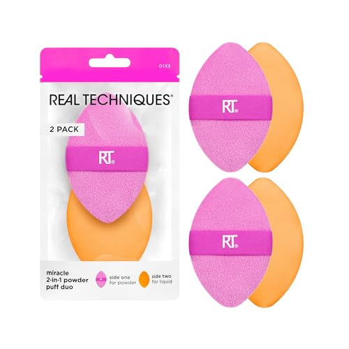 Real Techniques Miracle 2-In-1 Powder Puff, Dual-Sided, Full-Size Makeup Blending Puff, Reversible Elastic Band, Precision Tip Makeup Sponge & Powder Puff, For Liquid, Cream & Powder, 2 Count