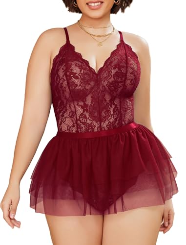 Avidlove Plus Size Lingerie Womens Lace Teddy Babydoll V Neck Chemise Nighty with Detachable Mesh Mini Skirt