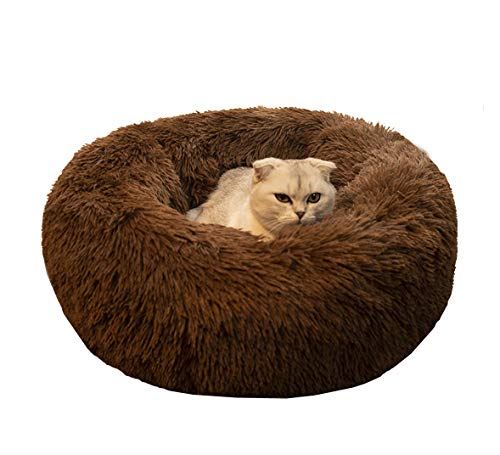 BODISEINT Modern Soft Plush Round Pet Bed for Cats or Small Dogs, Mini Medium Sized Dog Cat Bed Self Warming Autumn Winter Indoor Snooze Sleeping Cozy Kitty Teddy Kennel (24'' D x 8'' H, Chocolate)