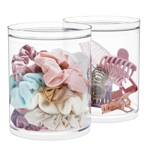 STORi Bella Tall Scrunchie Holder | Stackable Clear Plastic Container (Set of 2) Round Vanity Storage Organizers with Lids for Hair Accessories & Beauty Supplies | Made in USA