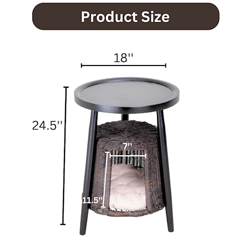 Cat Condo Side Table, 2-in1 End Table & Cat Bed, Kitten Hideaway Cave House Washable Cushion, Decorative Pet Furniture, Coffee Table Hideout Hut (Black Rattan Classic Wood Top)