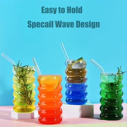 ALINK Ribbed Drinking Glass Cups with Straws Set of 4, 16 oz Aesthetic Iced Coffee Glasses, Wave Bubble Glasses Tumbler, Ripple Glassware, Beer Glasses for Coctail, Milk, Soda, Gift with Brush