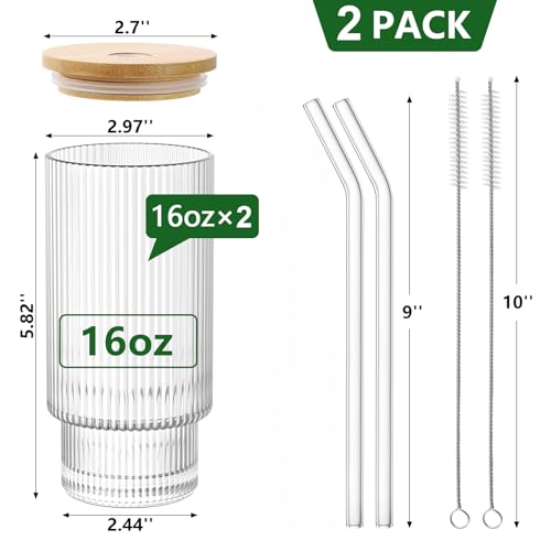 Glass Cups with Lid and Straw 2 Set, 16OZ Drinking Glasses for Whiskey Cocktail Beer, Ribbed Glassware Set for Gift (2 SET)