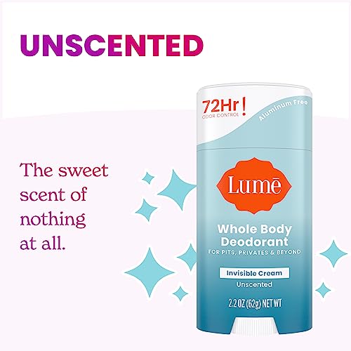 Lume Whole Body Deodorant - Invisible Cream Stick - 72 Hour Odor Control - Aluminum Free, Baking Soda Free, Skin Safe - 2.2 Ounce (Pack of 2) (Unscented)