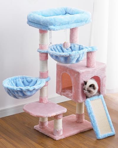 Hey-brother Cactus Cat Tree, Cat Tower for Indoor Cats, Cat House with Large Padded Bed, Cozy Condo, Hammocks, Sisal Scratching Posts, Big Scratcher, Blue and Pink MPJ006SBP