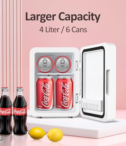 Mini Skincare Fridge (4 Liter/6 Can) with Dimmable LED Light Mirror, Cooler and Warmer for Refrigerating Make Up, Skin Care and Food, Portable Mini Fridge for Bedroom, Office and Car, White