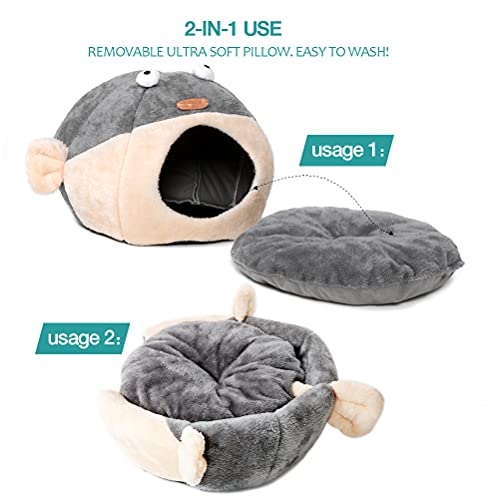 Cat Beds for Indoor Cats - Cat Bed Cave with Removable Washable Cushioned Pillow, Soft Plush Premium Cotton No Deformation Pet Bed, Lively Pufferfish Cat House Design, Grey, Multiple Sizes(L)