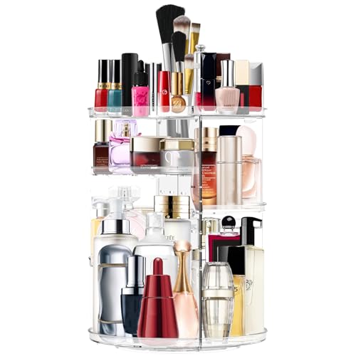 Makeup Organizer 360 Rotating Cosmetic Organizer DIY Adjustable Makeup Carousel Spinning Holder Rack, Large Capacity Cosmetic Storage Box Makeup Brushes Organizer for Vanity Countertop (Clear)