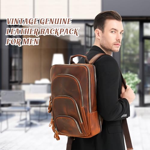 Full Grain Leather Backpack 15.6" Laptop Bag Men's Vintage Genuine Leather Business Backpack Travel Hiking Camping Rucksack Overnight Weekender Daypack