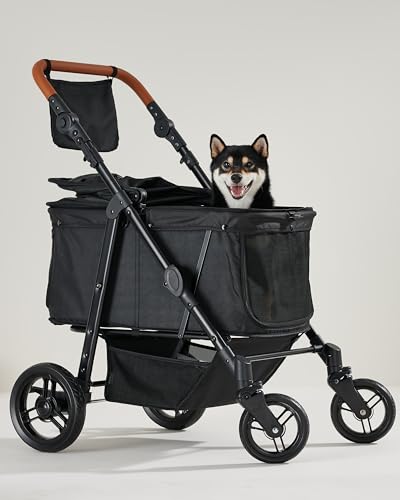 Medium Pet Stroller for Dogs Up to 66lbs, Adjustable Handle, 180 ̊ Canopy, 4 Wheels for Medium/Large Dogs and Cats, Waterproof Pad