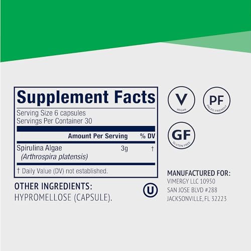 Vimergy Natural Spirulina Capsules – Super Greens Supplement – Nutrient Dense Blue-Green Algae Superfood Capsules - USA Grown, Non-GMO, Soy-Free, Gluten-Free, Kosher, Vegan & Paleo Friendly (180 ct)