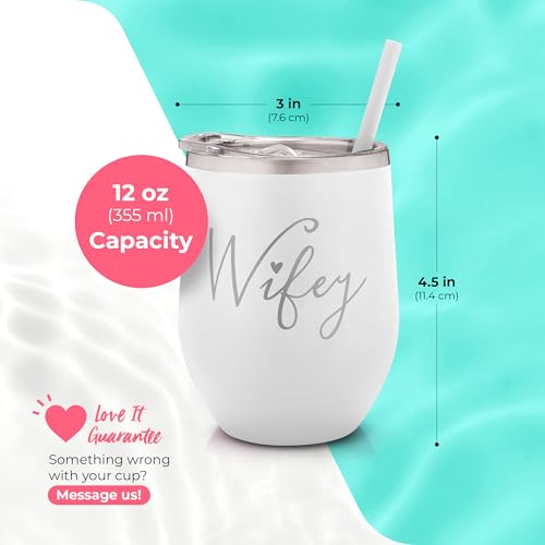 Wifey Engraved Stainless Steel Vacuum Insulated Wine Glass Tumbler with Lid and Straw - Bridal Shower Bride Cup - Bachelorette Party - Engagement Tumbler - Wife Anniversary, Bridal Shower, Wedding