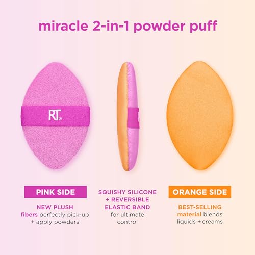 Real Techniques Miracle 2-In-1 Powder Puff, Dual-Sided, Full-Size Makeup Blending Puff, Reversible Elastic Band, Precision Tip Makeup Sponge & Powder Puff, For Liquid, Cream & Powder, 2 Count