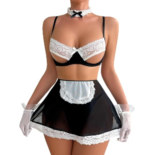 Sexy French Maid Lingerie for Women Adult Cosplay Uniform Costume Teddy Apron Lolita Skirt Lingerie Set