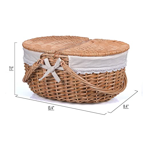 Wicker Picnic Basket with Lid and Handle Sturdy Woven Body with Washable Lining for Easter,Mother's Day,Outdoor Camping