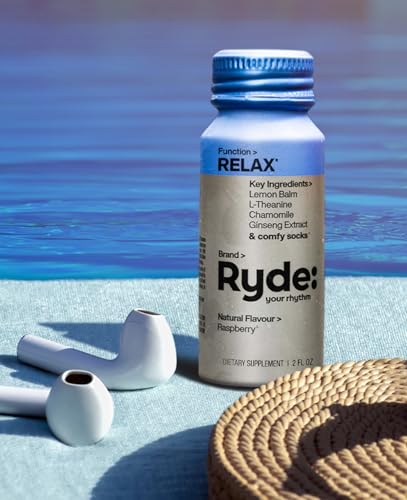 RYDE Relax Shot| Raspberry Flavor|2 FL OZ Shots|Ginseng & Chamomile | Zero Calories, Zero Sugar - for Relaxation and Stress Relief (Pack of 8)