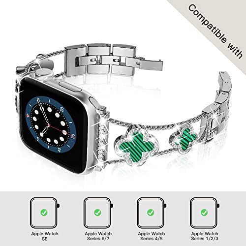 diamond metal band adds sparkle to your watch - Compatible with Apple Watch Series 8/7/6/5/4/3/2/1SE/Ultra - Clover is simple and stylish, fits women's sizes 38mm 40mm 41mm 42mm 44mm 45mm 49mm.(Gold/black, 42mm/44mm/45mm)