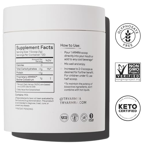 ARMRA Colostrum™ Premium Powder, Grass Fed, Gut Health Bloating Immunity Skin & Hair, Contains 400+ Bioactive Nutrients, Potent Bioavailable, Keto, Gluten & Fat Free (Unflavored | 120 Servings)