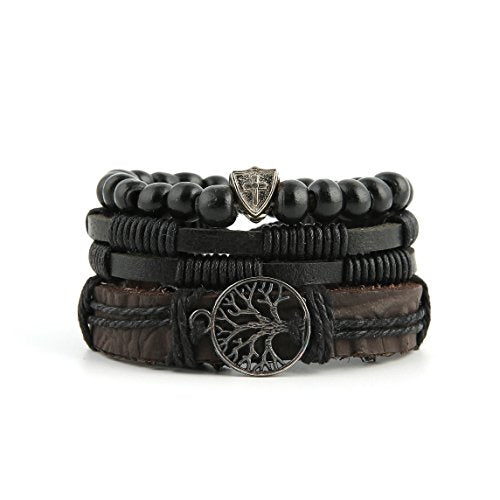 HZMAN Genuine Leather Tree of life Bracelets Men Women, Tiger Eye Natural Stone Lava Rock Beads Ethnic Tribal Elastic Bracelets Wristbands