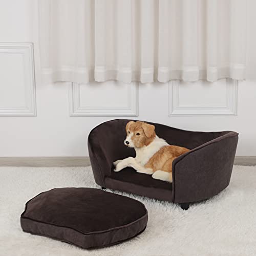 Pet Sofa Bed/Velvet & Linen Fabric Pet Couch with Removeable & Washable Cushion for Small Dogs & Cats (Brown)