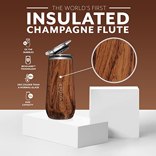 BrüMate 12oz Insulated Champagne Flute With Flip-Top Lid - Made With Vacuum Insulated Stainless Steel (Walnut)