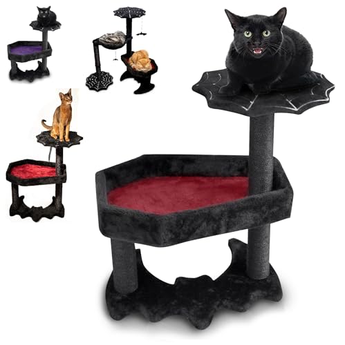 Gothic Cat Tree with Coffin Cat Bed, Gothic Cat Tower, Coffin cat Tree with Sisal Scratching Posts for Halloween cat, Small Size, Black with Red Littlesy