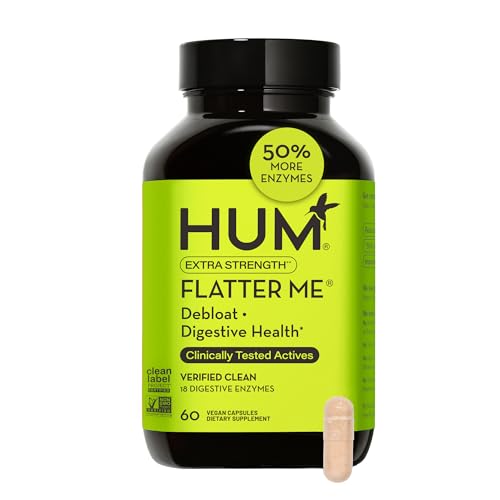 HUM Flatter Me Supplement for Daily Bloating - 18 Full Spectrum Digestive Enzymes to Support Food Breakdown - Ginger, Fennel Seed & Peppermint for Nutrient Absorption (Extra Strength)