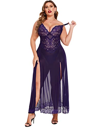 Avidlove Plus Size Lingerie For Women Babydoll Sexy Mesh Maxi Nightdress Strappy Exotic Sleepwear Side Slits