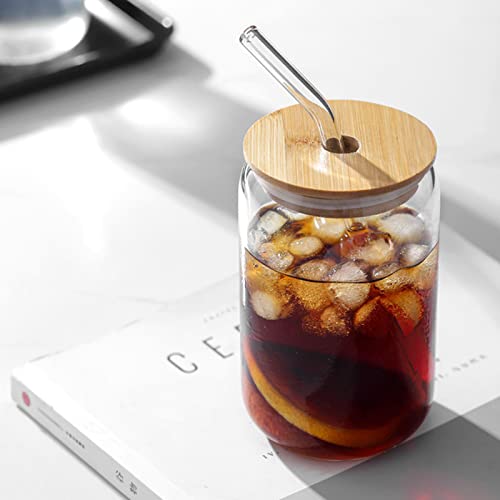 Drinking Glasses with Bamboo Lids and Glass Straw 2PCS Set, 16oz Can Shaped Glass Cups with Lids and Straws, Beer Glasses, Iced Coffee Glasses, Soda, Gift 1 Cleaning Brushes