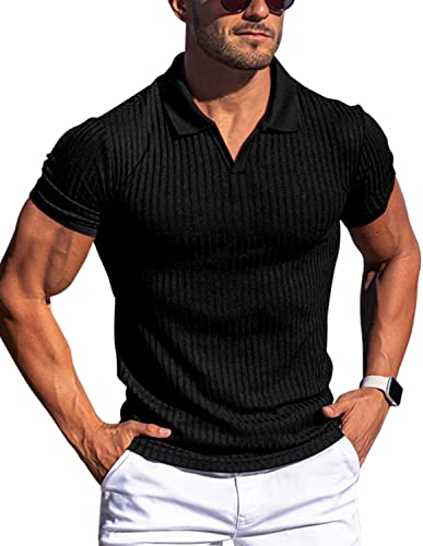 Men's Muscle V Neck Polo Shirts Slim Fit Short Long Sleeve Cotton Golf T-Shirts Ribbed Knit Soft Tees