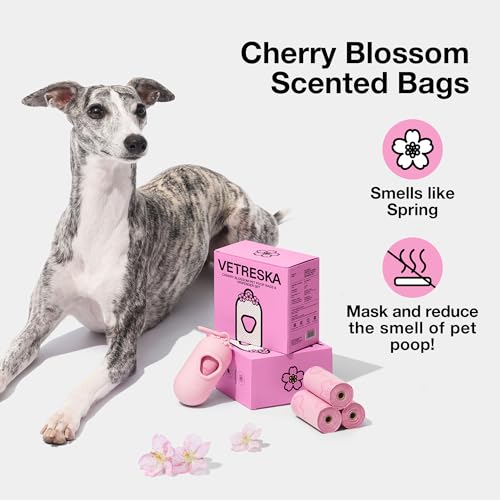 VETRESKA Dog Poop Bag Dispenser with Cherry Blossom Scented Bags, Leak Proof, Extra Thick Waste 1 Count Holder and 105 Bags for Walking Cats Litter, Pink