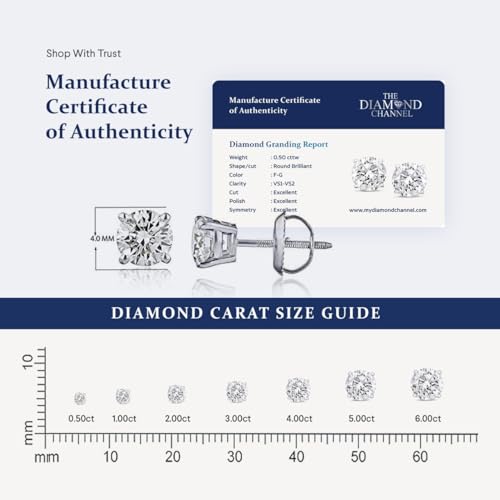 The Diamond Channel 0.50 to 6 Carat LAB GROWN Solitaire Diamond Stud Earrings Round Cut 4 Prong Screw Back (F-G Color, VS1-VS2 Eye Clean Clarity)