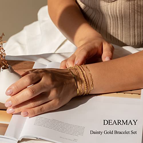 DEARMAY Gold Bracelets for Women Waterproof, 14K Real Gold Jewelry Sets for Women Trendy Thin Dainty Stackable Cuban Link Paperclip Chain Bracelet Pack Fashion Accessories Gifts for Women Girls