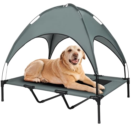 Elevated Dog Bed, Outdoor Dog Bed with Canopy, Raised Dog Cot with Anti-Slip Feet, Breathable Mesh for Indoor & Outdoor Use, Portable Cooling Dog Bed for Dogs Up to 88LBS (XL)