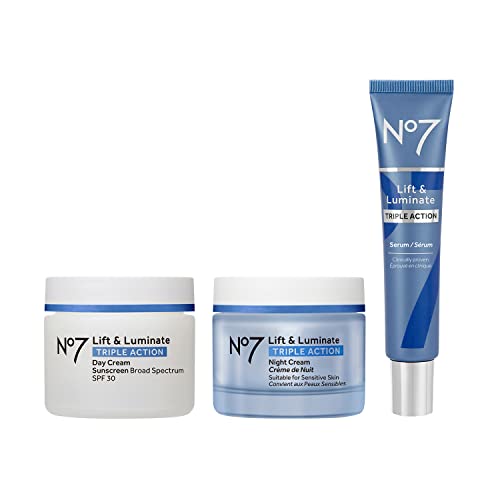 No7 Lift & Luminate Triple Action Skincare Set - Broad Spectrum Anti Aging Day Cream SPF 30 + Vitamin C Wrinkle Serum + Collagen Peptide Brightening Night Cream (3 Piece Kit)